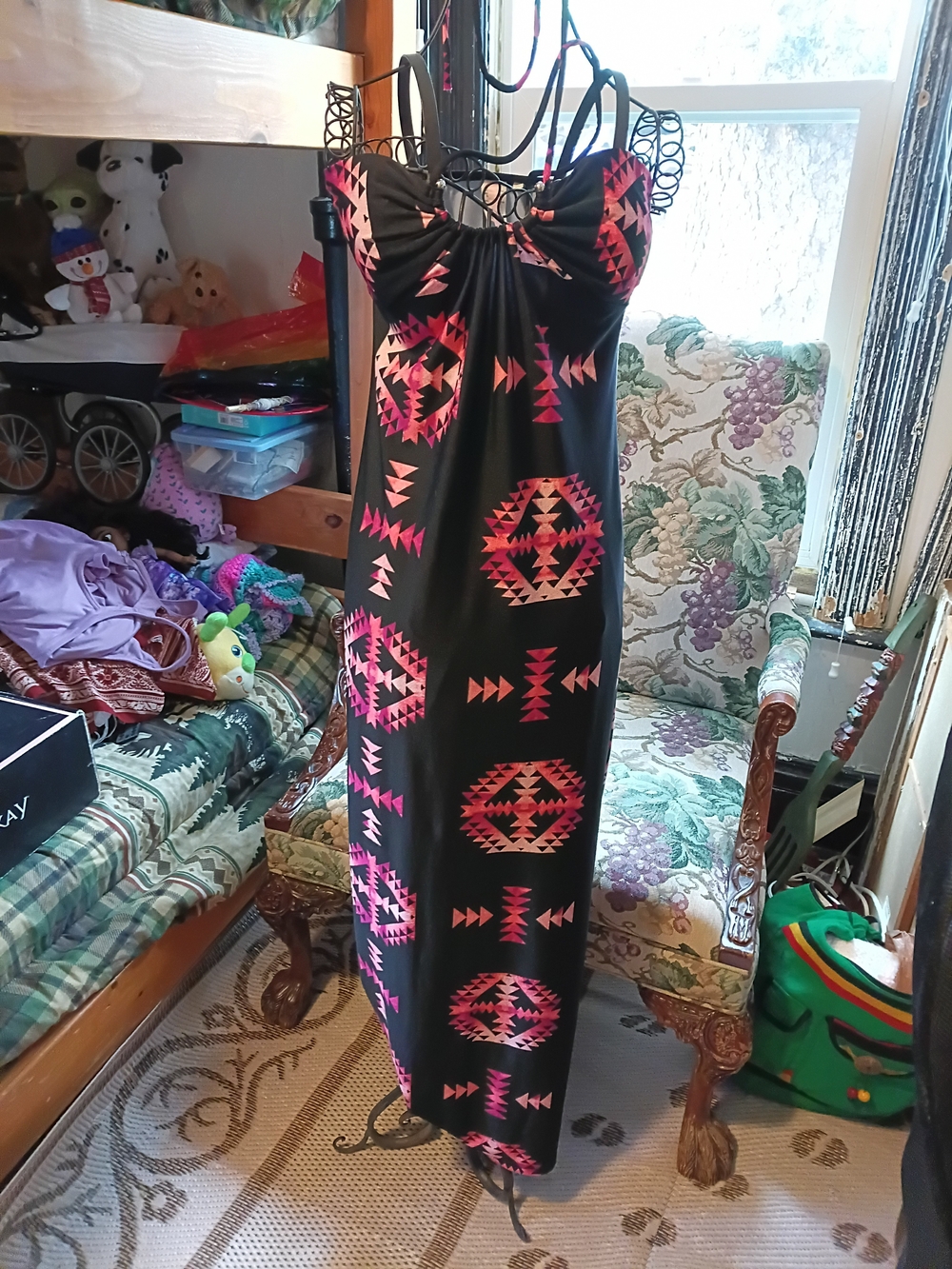 Black Maxi Dress with Pink Geometric Print